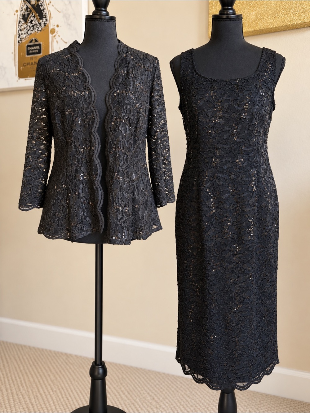 Alex Evenings Petite 8P Black Sequin Lace Dress Jacket 2 Piece Formal Set